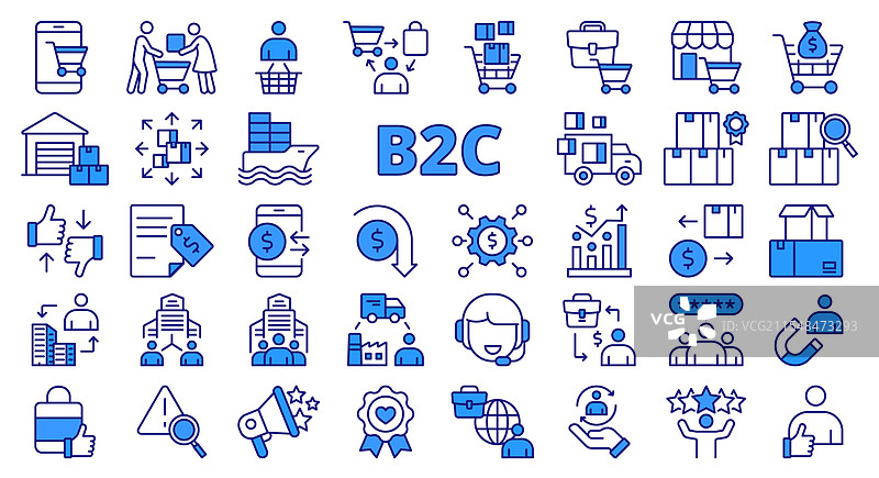 蓝色线条设计的B2C图标集图片素材