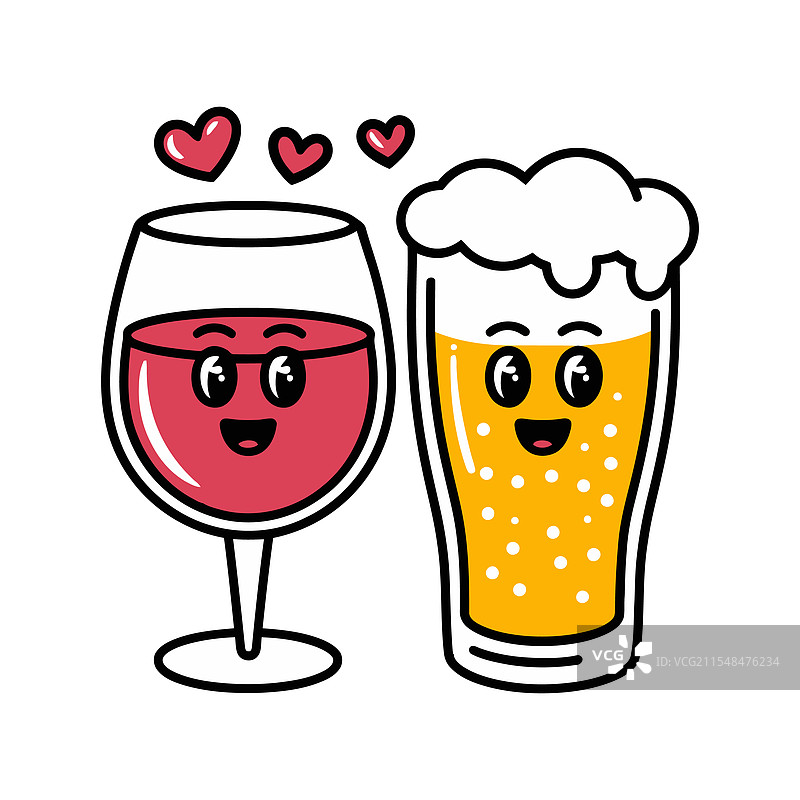 可爱的酒杯和啤酒杯情侣，带有心形图案图片素材