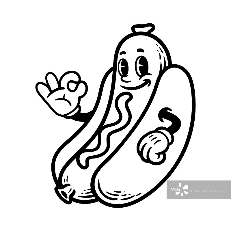 有趣的复古热狗卡通角色，独立绘制图片素材