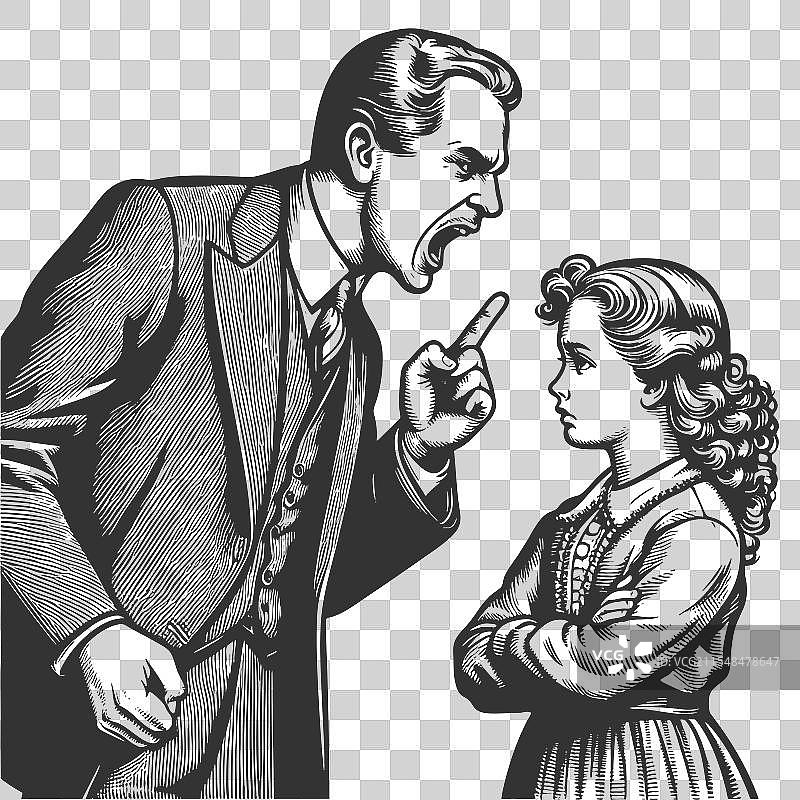 父亲对女儿大喊的雕刻素描图片素材