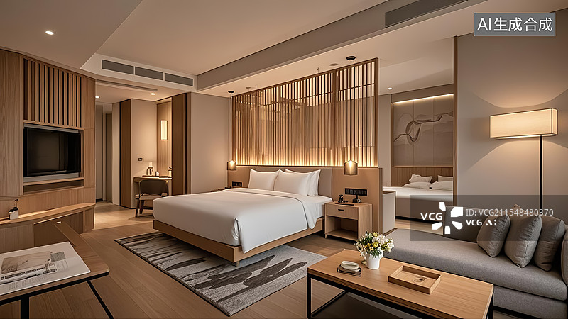 【AI数字艺术】日式原木简约风格酒店客房图片素材