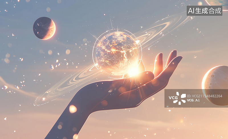 【AI数字艺术】宇宙科幻题材，一只手掌握着星系、银河、宇宙图片素材