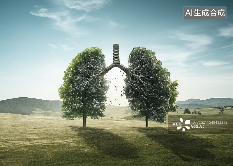 【AI数字艺术】由绿色的树组成的人体肺部，代表着人体肺部健康图片素材