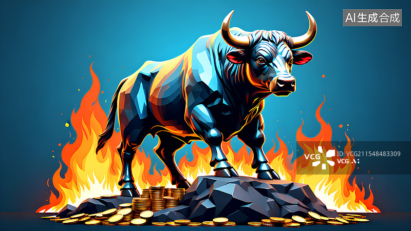 【AI数字艺术】股票主题插画 站在岩石金币堆上的金牛图片素材