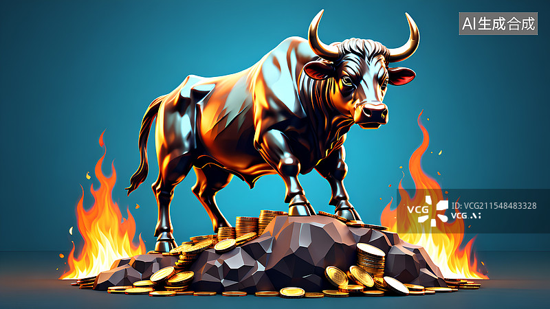 【AI数字艺术】股票主题插画 站在岩石金币堆上的金牛图片素材
