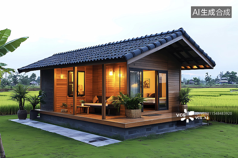 【AI数字艺术】户外草坪房屋空旷小木屋图片素材