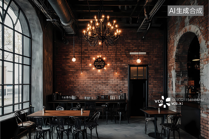 【AI数字艺术】红砖风格复古装修餐厅餐桌图片素材