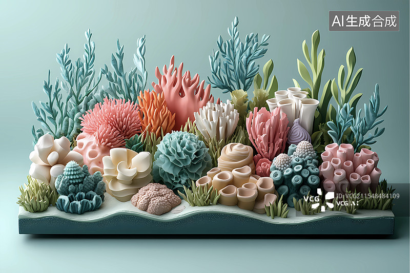 【AI数字艺术】3D卡通海底世界珊瑚海葵生物群图片素材