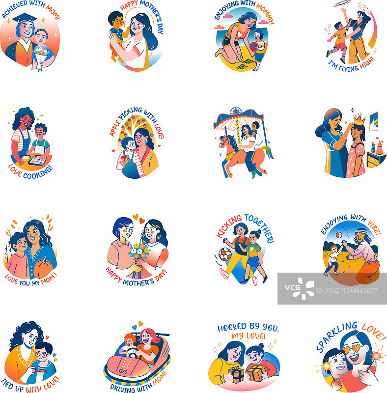 一套扁平风格的妈妈和孩子贴纸图片素材