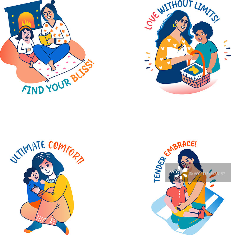 母亲亲密关系的扁平风格贴纸包图片素材