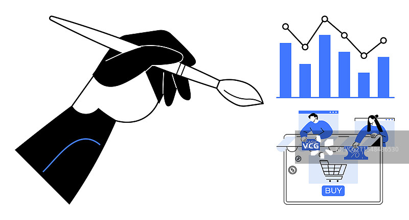 手握画笔的柱状图和在线元素图片素材