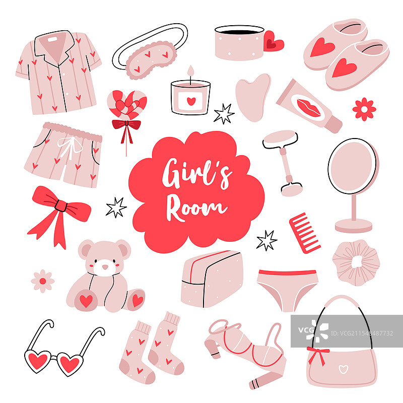 女孩们的粉色套装，心形可爱物品图片素材