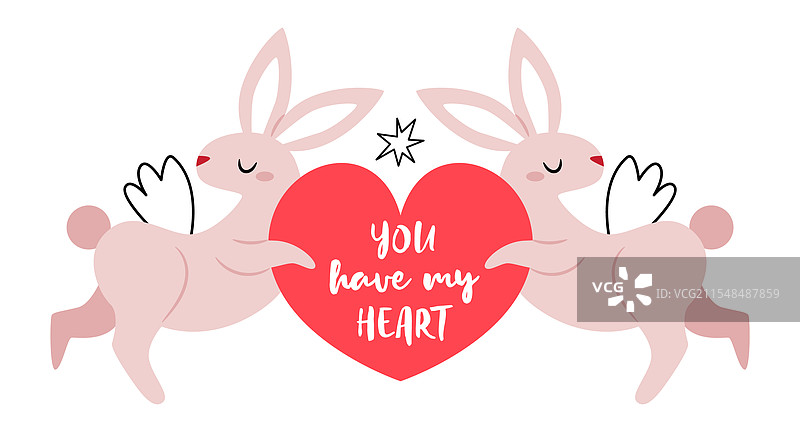 两只可爱的兔子对称地抱着一个心形图案图片素材
