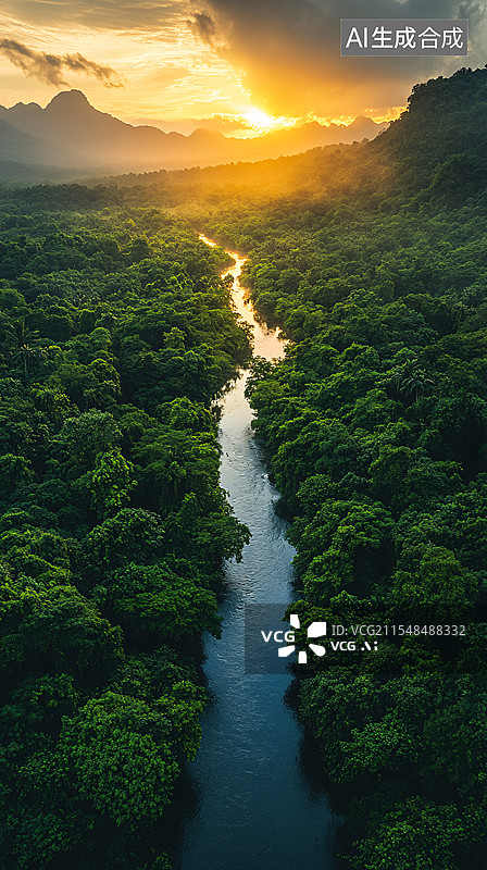 【AI数字艺术】亚马逊河金色黎明图片素材