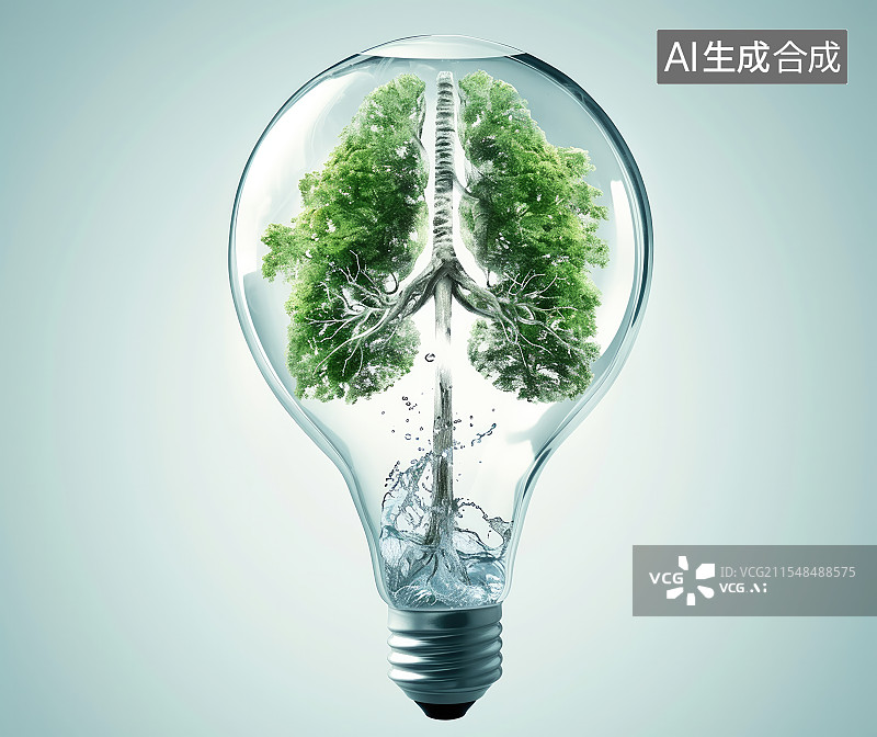 【AI数字艺术】肺部健康，在灯泡里的森林之肺图片素材