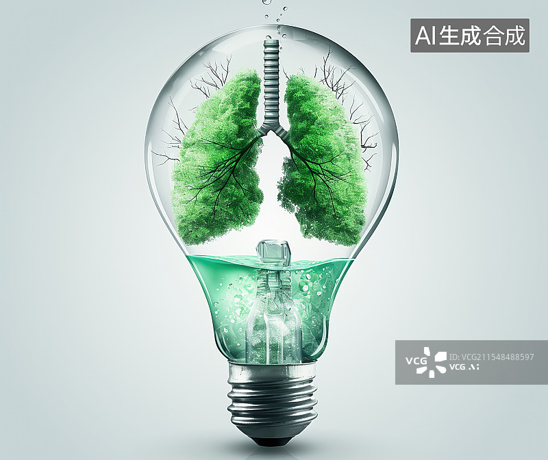 【AI数字艺术】肺部健康，在灯泡里的森林之肺图片素材
