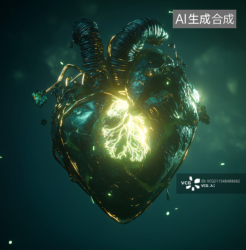 【AI数字艺术】一颗由金玉制成的人心脏图片素材