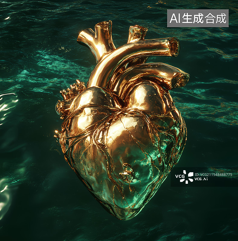 【AI数字艺术】一颗由金玉制成的人心脏图片素材