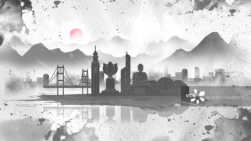 香港中国风水墨城市毛笔建筑水彩画山水城市图片素材