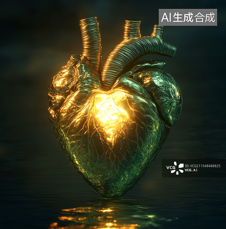 【AI数字艺术】一颗由金玉制成的人心脏图片素材