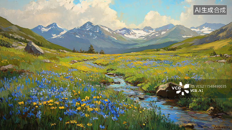 【AI数字艺术】春天的草原上开满了蓝色和绿色的野花图片素材