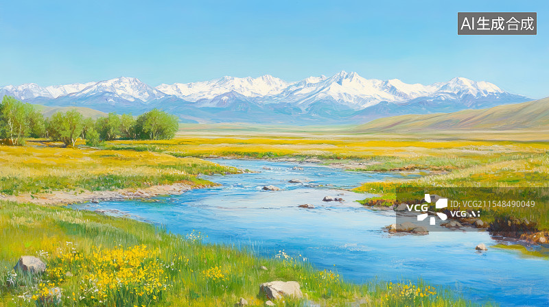 【AI数字艺术】春天的草原上开满了蓝色和绿色的野花图片素材