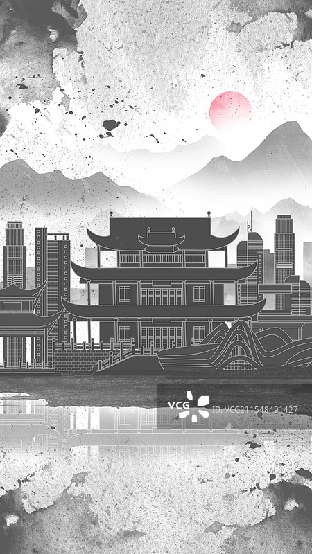长沙中国风水墨城市毛笔建筑水彩画山水城市图片素材