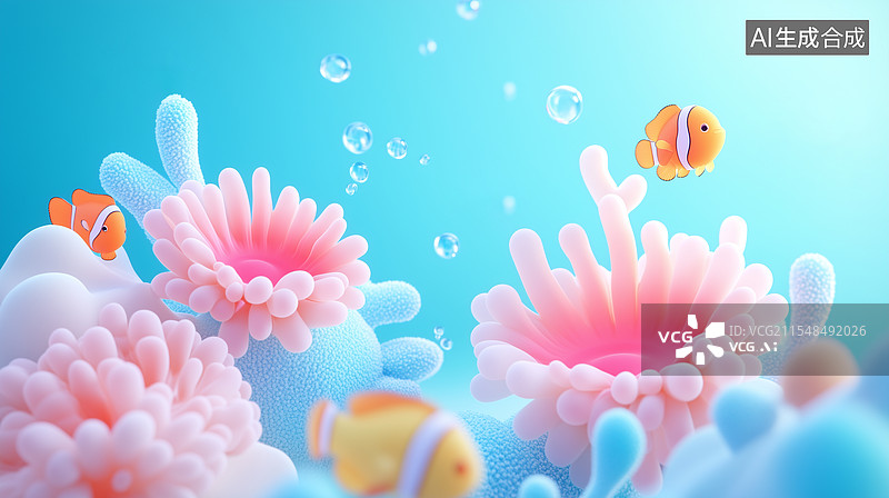 【AI数字艺术】3D卡通小丑鱼的珊瑚花园图片素材