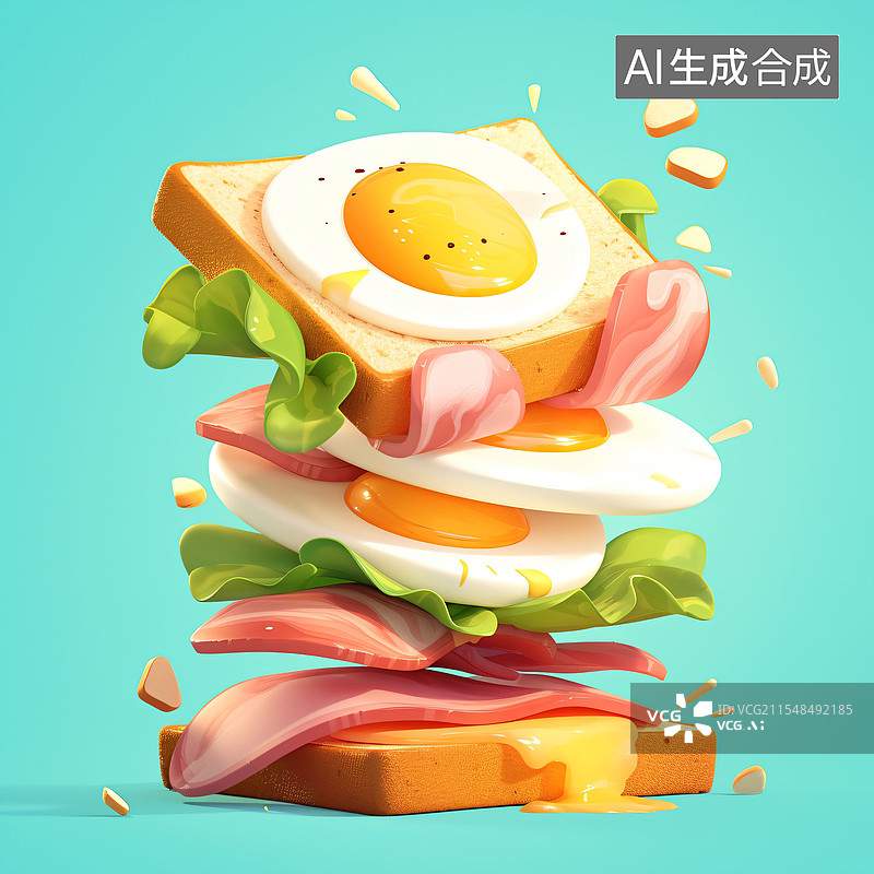 【AI数字艺术】早餐、三明治、美食、鸡蛋、午餐肉、生菜、卡通、C4D、图标、可爱图片素材