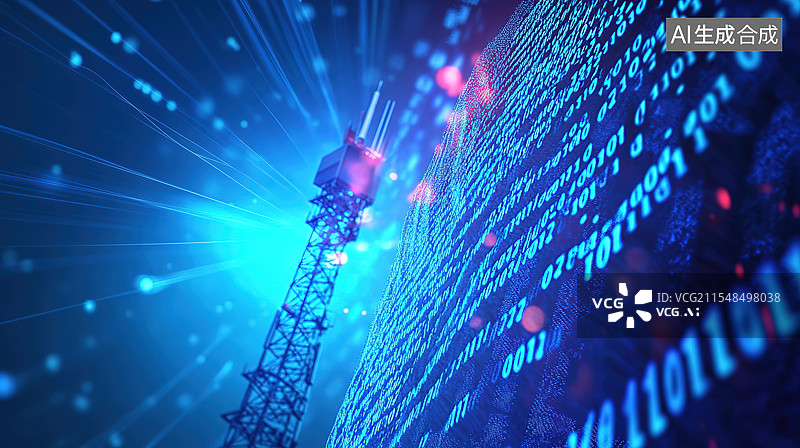 【AI数字艺术】移动通信发射塔发出的无线电波合并成二进制代码图片素材