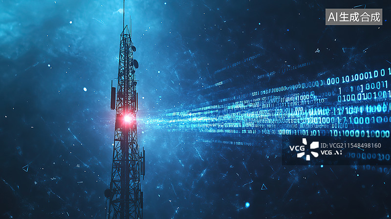 【AI数字艺术】移动通信发射塔发出的无线电波合并成二进制代码图片素材