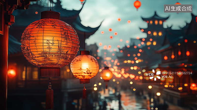【AI数字艺术】古镇夜晚春节灯笼图片素材