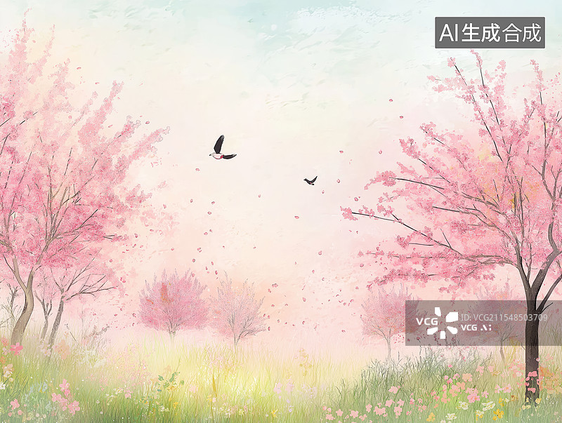 【AI数字艺术】春天草地桃花图片素材