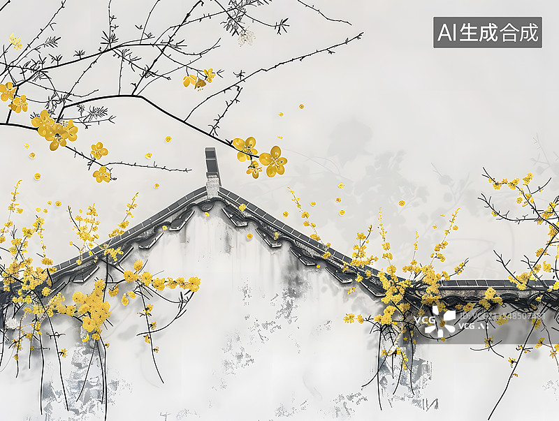 【AI数字艺术】徽派建筑和盛开的腊梅花图片素材