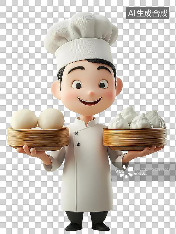 【AI数字艺术】一位戴着厨师帽、穿着白色厨师服的卡通厨师形象，双手各端着一个竹蒸笼，分别装着包子和馒头图片素材
