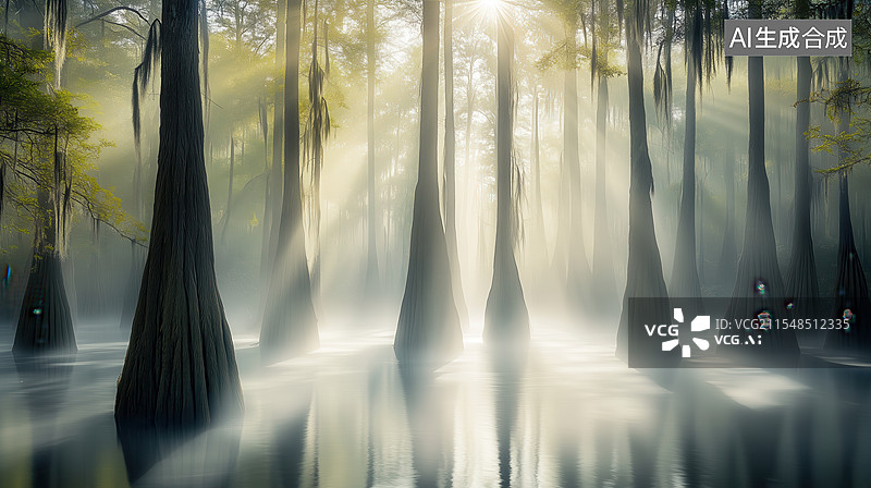 【AI数字艺术】雾中仙境神秘沼泽图片素材