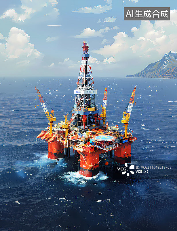 【AI数字艺术】石油开采海上油田油画风格插画插图图片素材