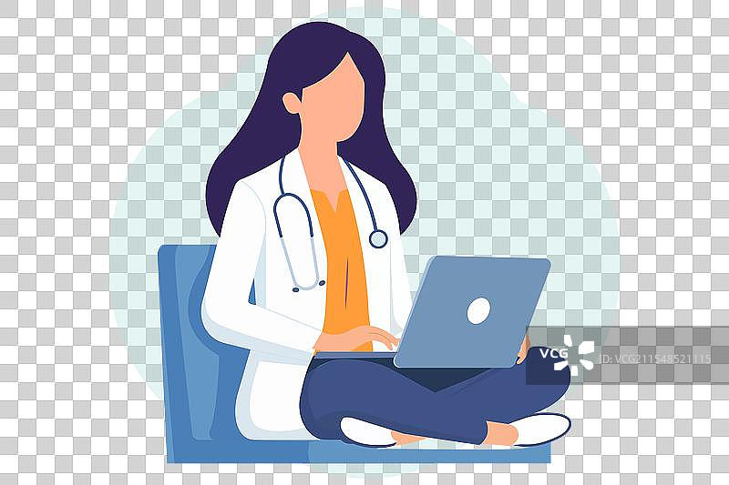 坐在椅子上的女医生与笔记本电脑一起工作图片素材