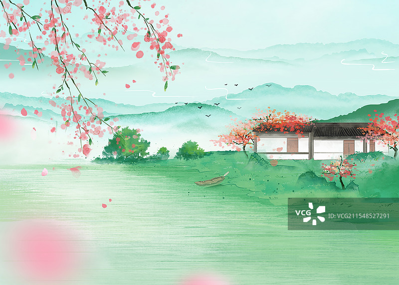中国风二十四节气封面设计插画-春天 户外风景山水 桃花依旧笑春风 水墨禅意 湖边的平屋和樱花 横版图片素材