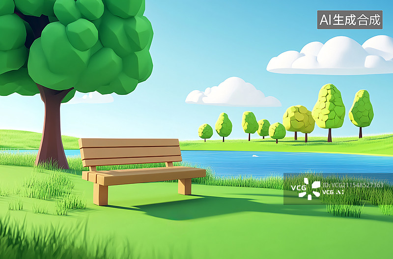 【AI数字艺术】3D春日户外郊游踏青场景 公园湖边的空长凳图片素材