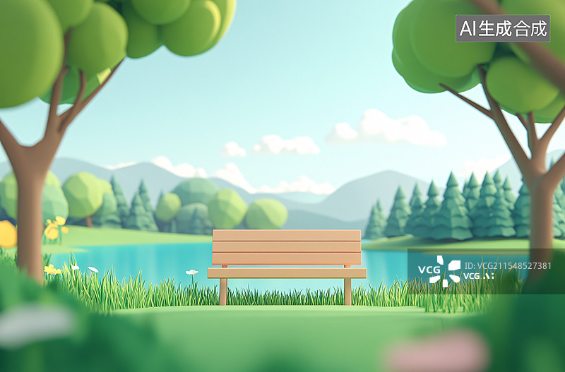 【AI数字艺术】3D春日户外郊游踏青场景 公园湖边的空长凳图片素材