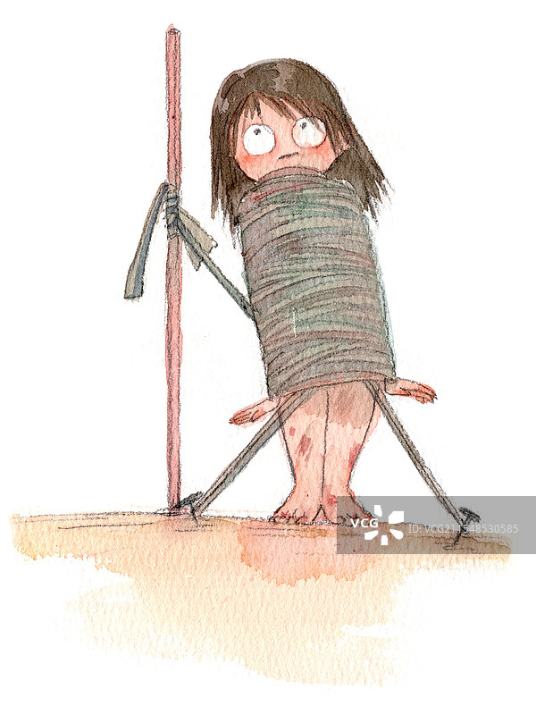 水彩手绘日记：被恐惧的“惧”字包裹的女孩图片素材