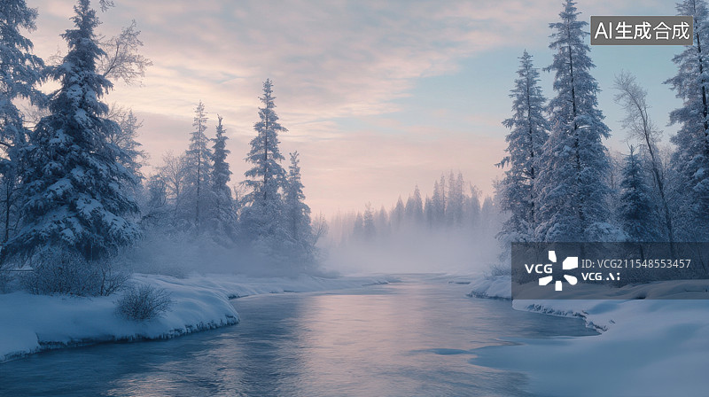 【AI数字艺术】冬季新疆雪山雪原湖水雾凇风景图片素材