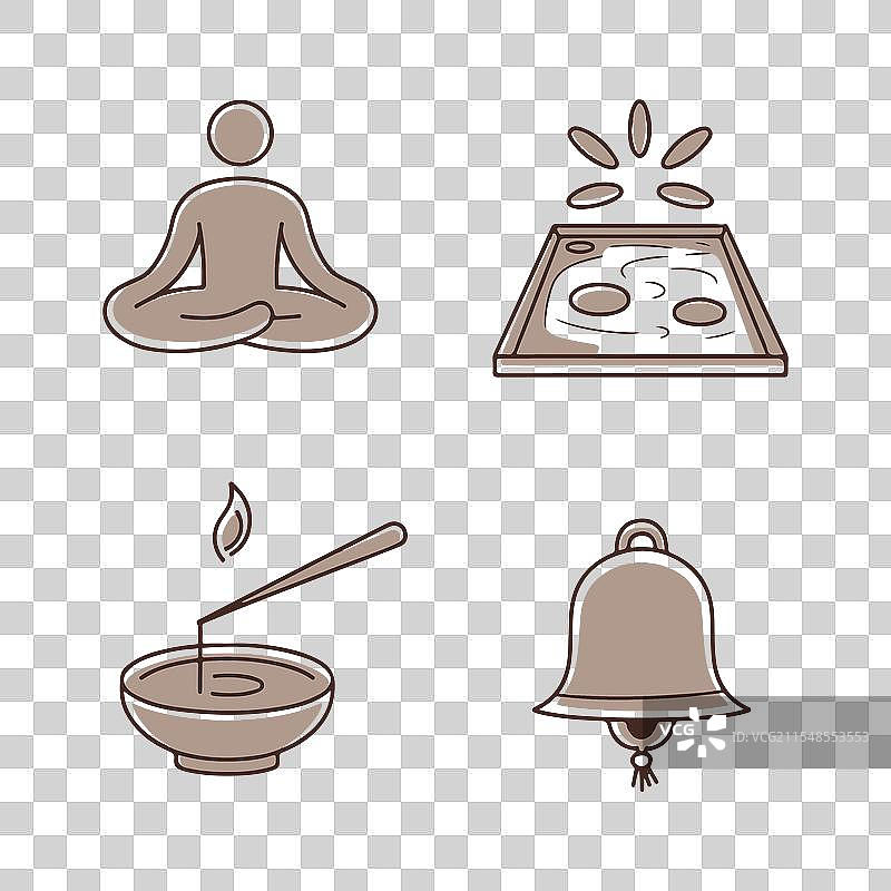 冥想的莲花坐姿，花园中的香炉和铃铛图片素材