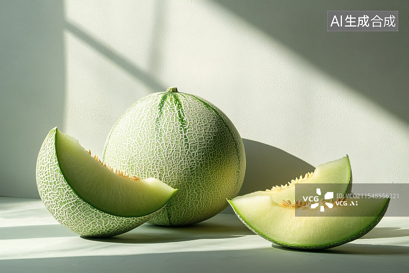 【AI数字艺术】桌子上摆放切块的哈密瓜图片素材