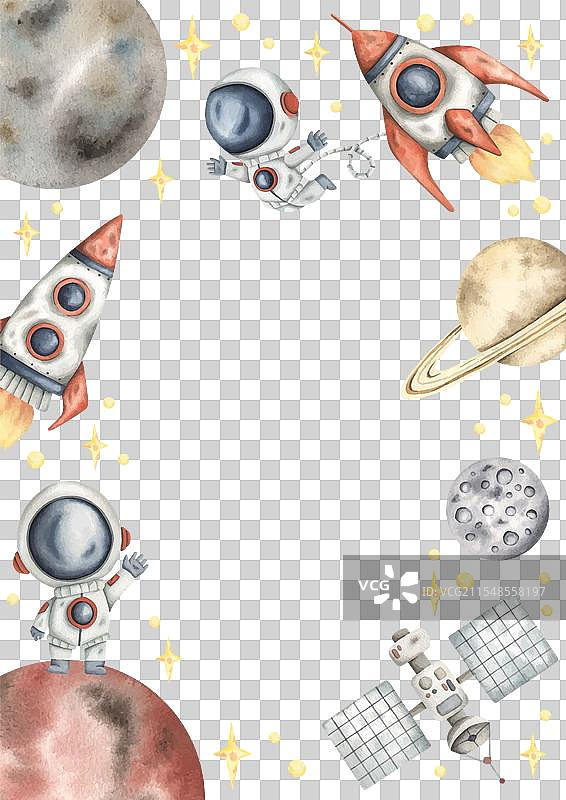 手绘的太空水彩框架，带有小元素图片素材