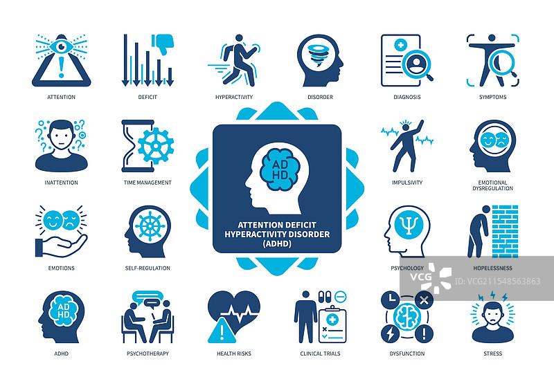 注意力缺陷多动障碍实心图标集图片素材