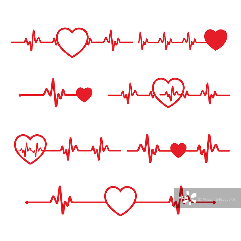心跳图标集，心形与脉搏线图片素材