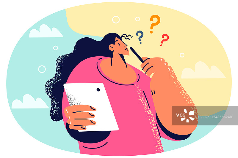 沉思的女性在平板电脑上工作，思考解决方案图片素材