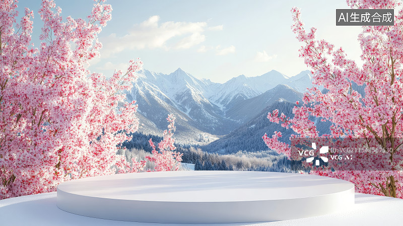 【AI数字艺术】雪山漫山遍野的樱桃桃花，春天日出，春天电商背景图片素材